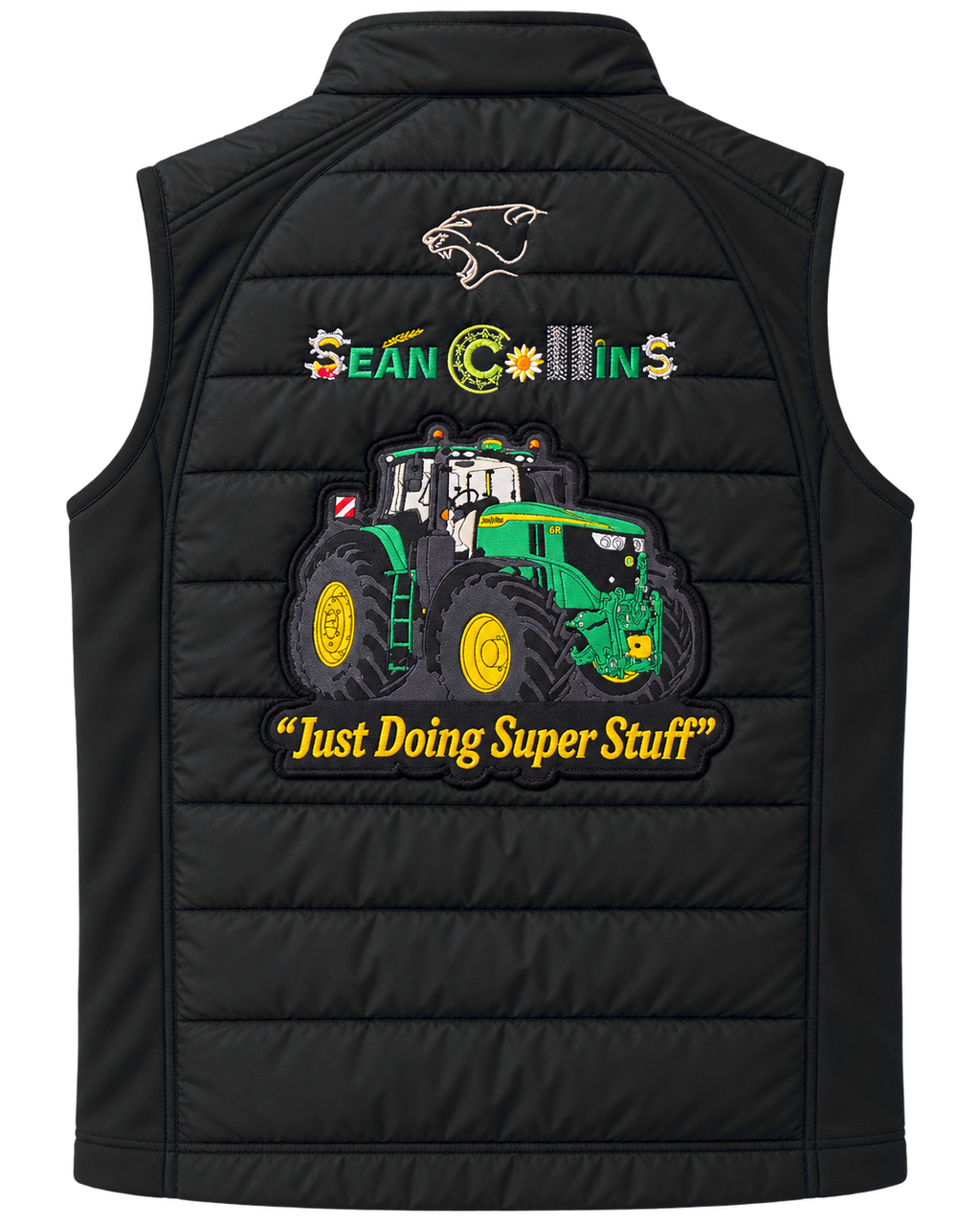 Black JD Patch gilet rear showing matching tractor appliqué and Sean Collins branding