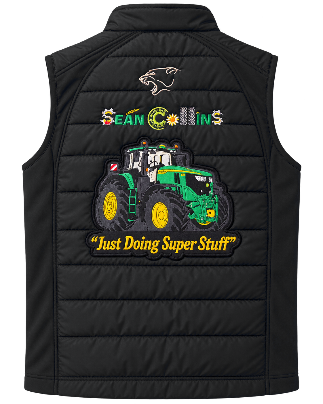Black JD Patch gilet rear showing matching tractor appliqué and Sean Collins branding