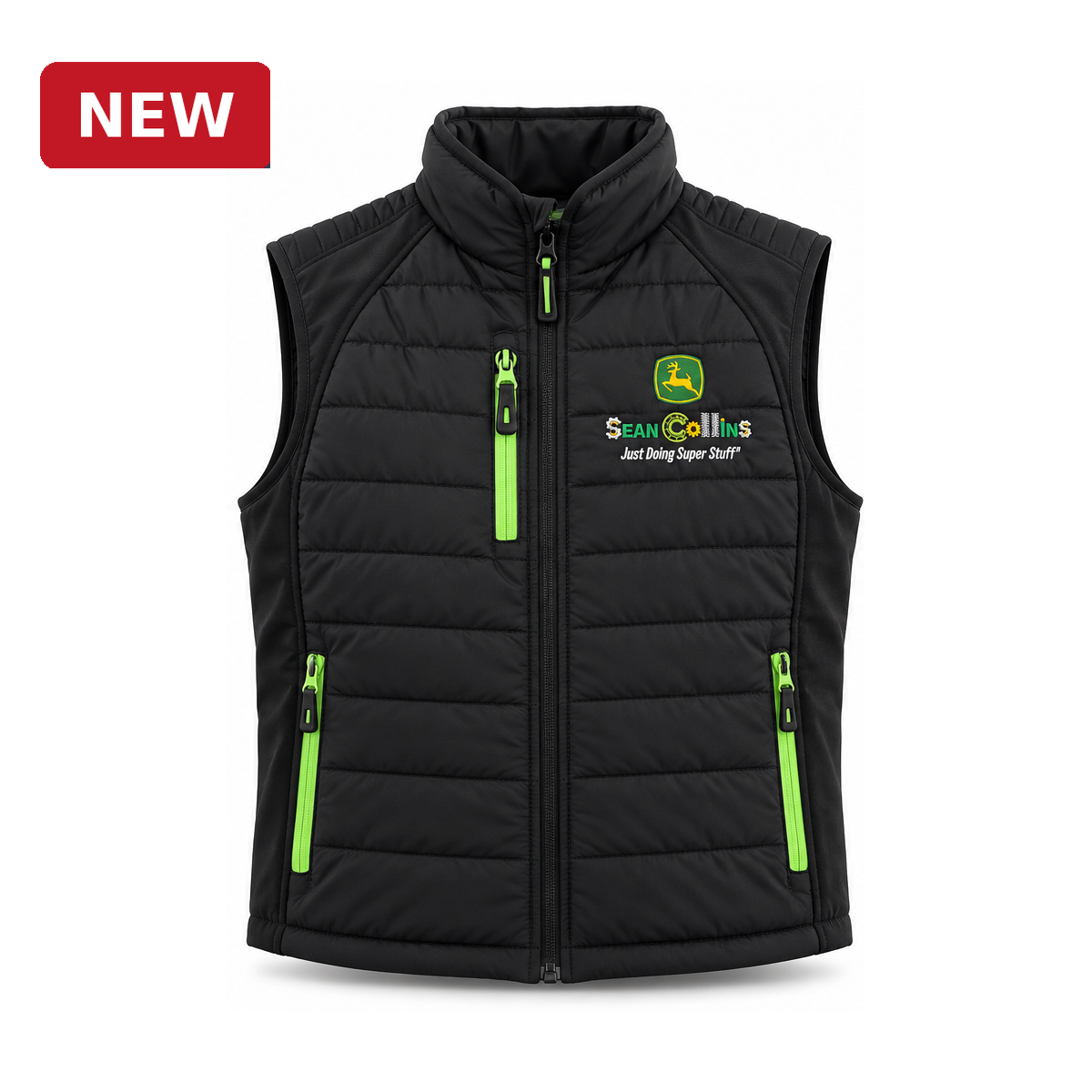 Black JD Patch gilet front with red NEW badge