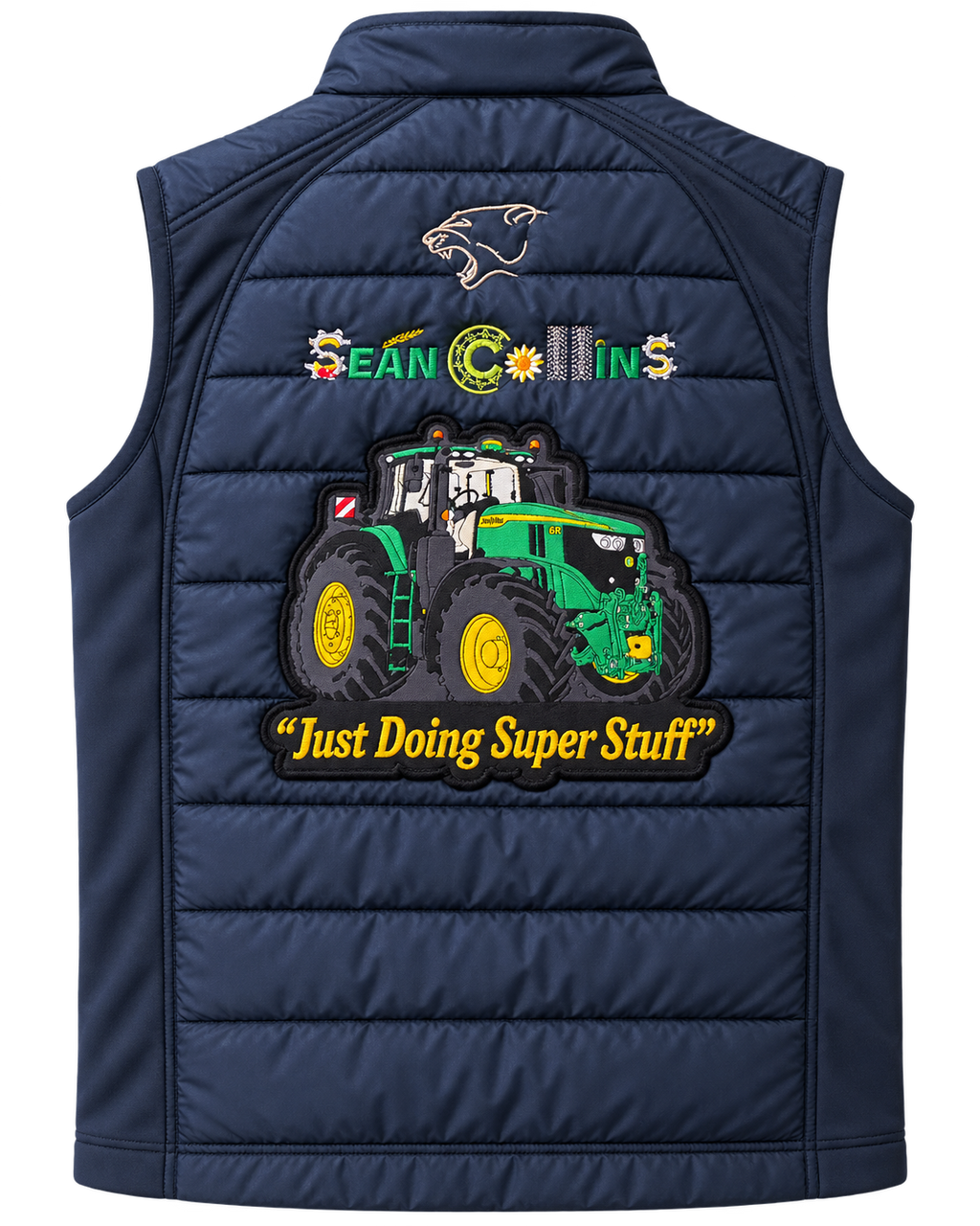 Navy JD Patch gilet - back with tractor patch
